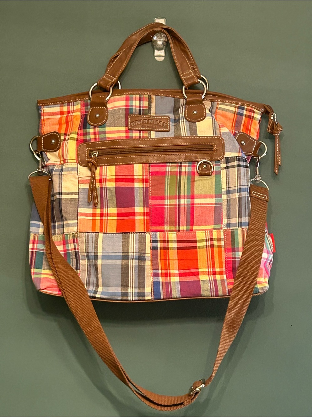 Vintage Y2K UNIONBAY Madras Plaid Patchwork Tote Bag with Faux Leather Trim